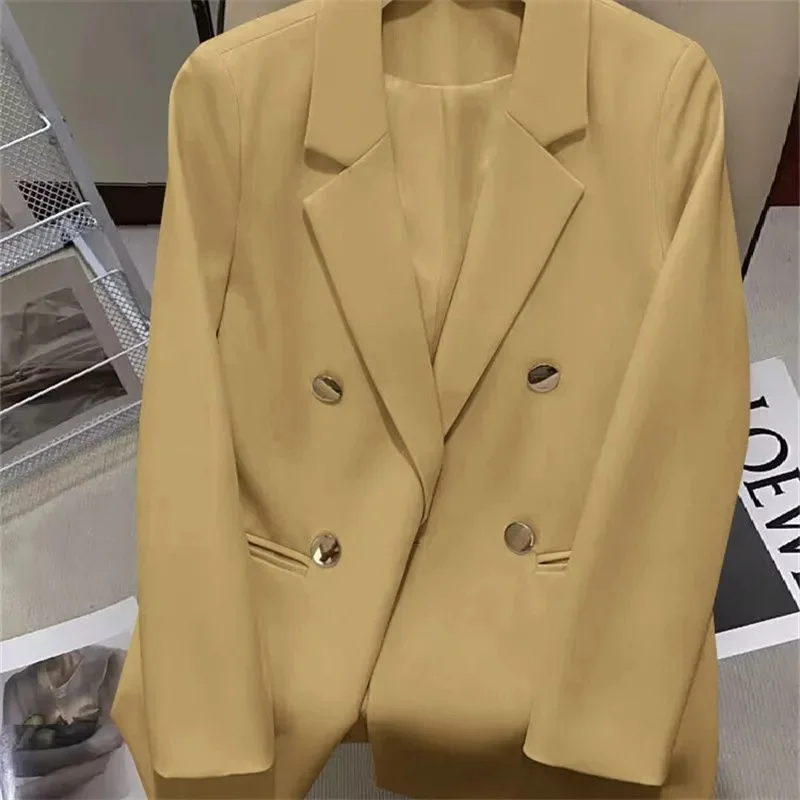 เสื้อสูทผู้หญิง สไตล์เกาหลี แฟชั่นฤดูใบไม้ผลิ-ฤดูใบไม้ร่วง ปี 2026 เสื้อคลุมหรูหรา แจ็คเก็ตกระดุมสองแถว สีพื้น เสื้อผ้าผู้หญิง