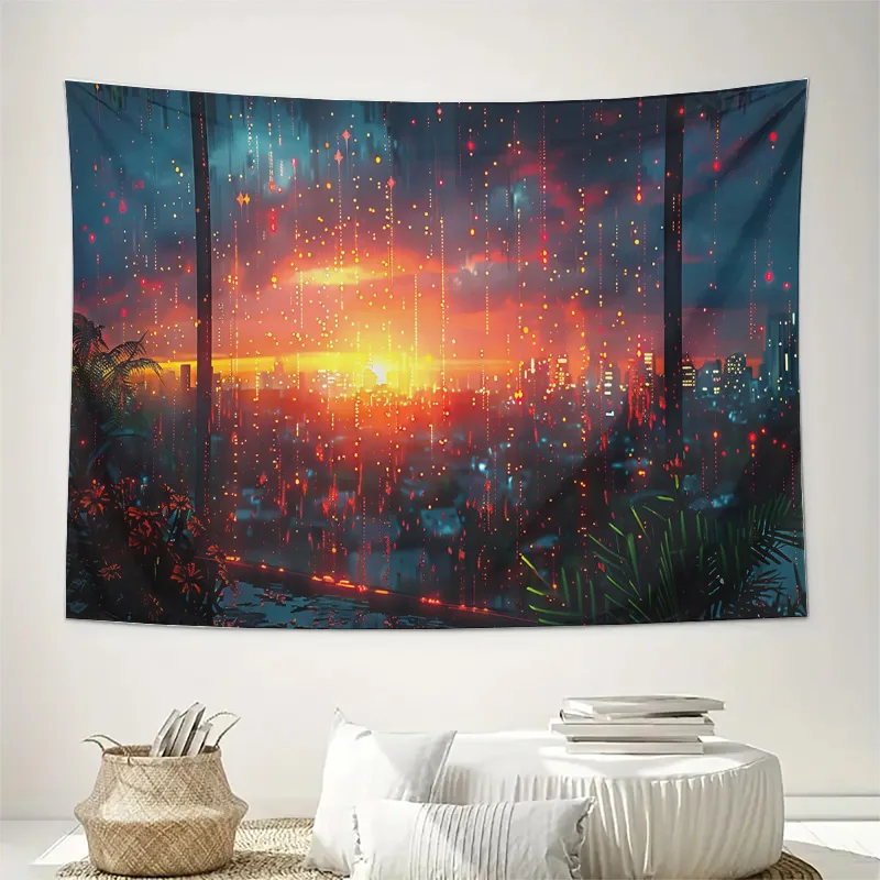 Cyberpunk City Sunset Neon Rain Wall Tapestry Machine Washable All Season Decor Art Print Futuristic Urban Design Home non-toxic