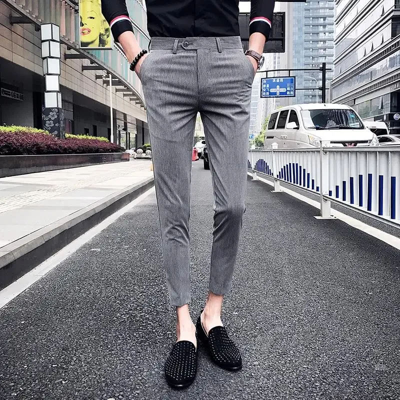 Business Man Suits Pants Striped Gray Trousers for Men Social Tailoring Spandex Up Vintage Korean Style Clothes Reviews Many