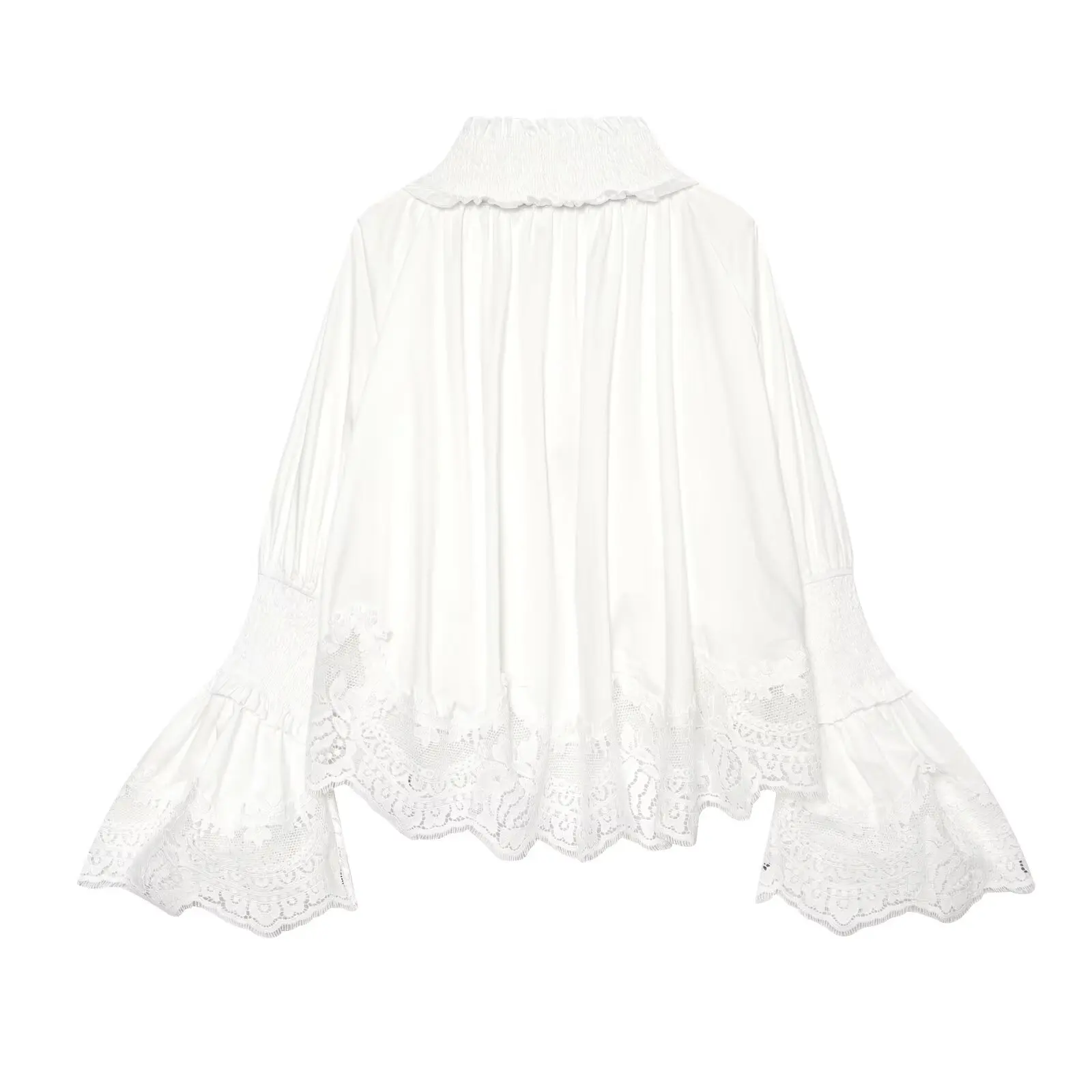 BSAY Fashionable White Lace Embroidery Blouse Women Ruffle High Neck Drawstring Flared Bell Sleeve Vacation Loose Casual Top
