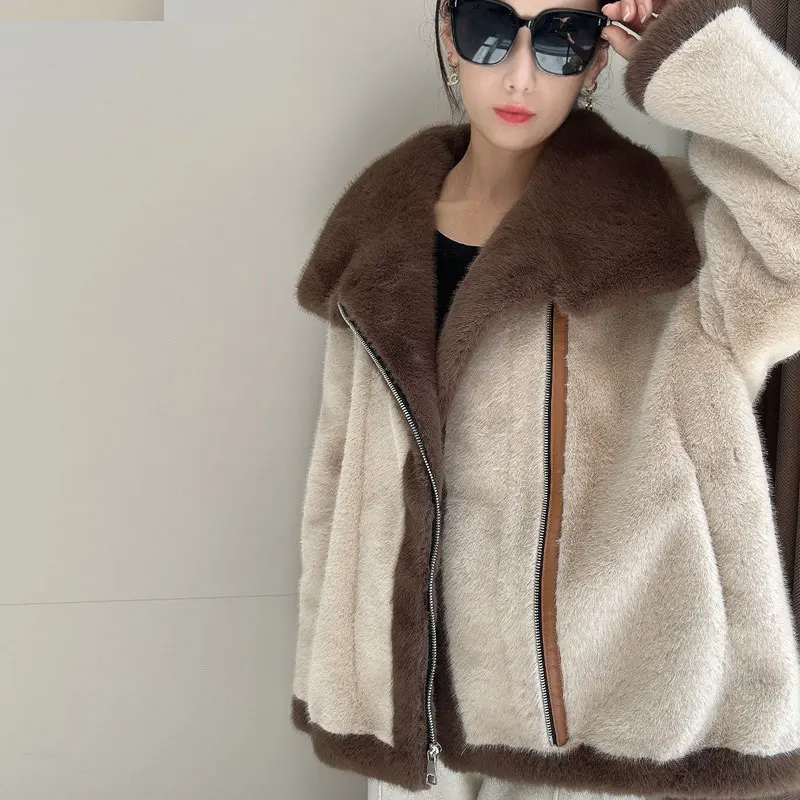 RONG NI 2024 New Faux Fur Coat For Women With Real Faux Fur Warm Winter Short Fashion Real Leather Jacket For Women