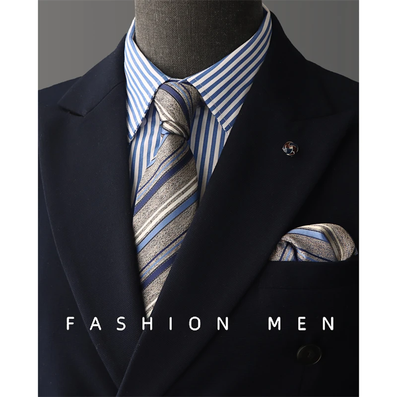 

High Quality Retro Style Gray Blue Striped Pattern Men's Tie Business Banquet Shirt Accessory 8CM Wide Handmade Knotted Cravat