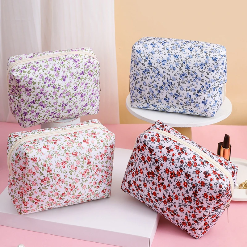 Bolsa de cosméticos con estampado de flores, organizador de almacenamiento de maquillaje con cremallera, bolso de aseo, bolsa de cosméticos de viaje