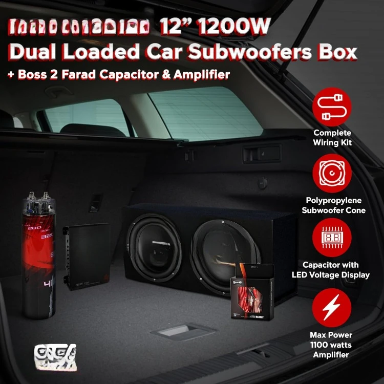 12 Inch 1200 Watt 4 Ohm Dual Loaded Car Audio Subwoofer Package with Sub Enclosure, 1100W Mono A/B Amplifier