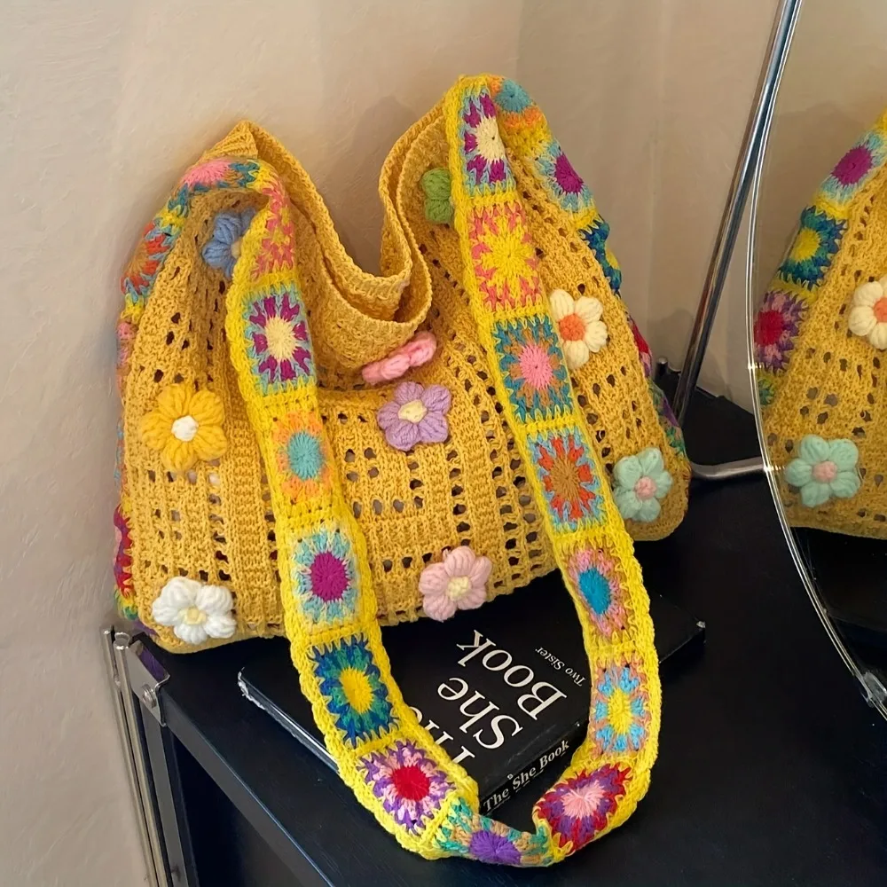 حقائب كتف كلاسيكية على الطراز البوهيمي مُزينة بنقشة الزهور المجوفة حقيبة كروس عادية حقيبة يد محبوكة عصرية حقائب تسوق