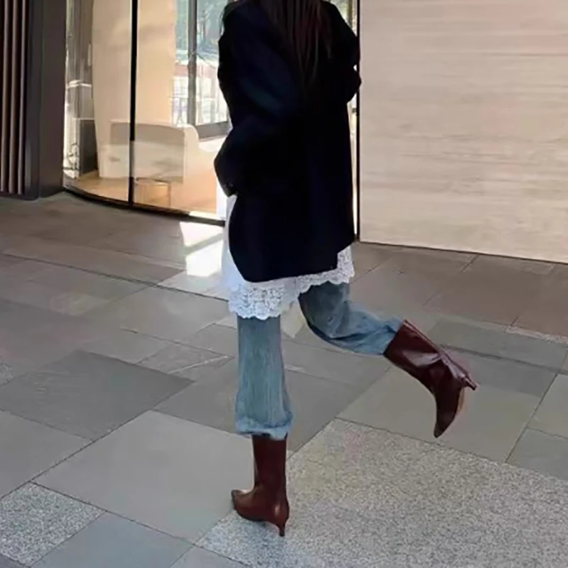New Retro Cowboy Western Boots Women Slip-On Knight Boots Women High Heels Boots Women Ankle Boots Women Fashion Botines Mujer