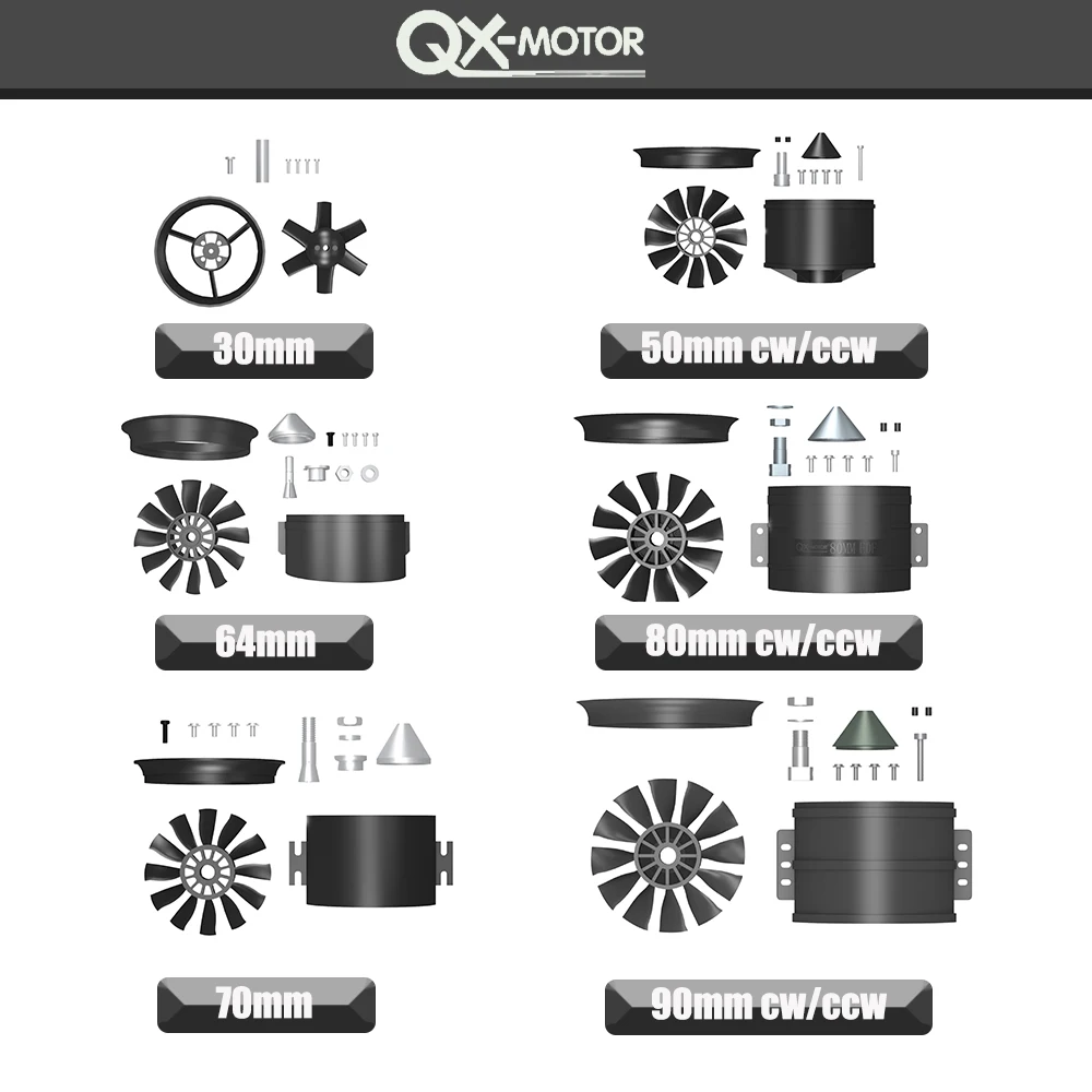 QX-MOTOR 30MM 50MM 64MM 70MM 80MM 90MM EDF bez silnika 12 łopatek wentylator kanałowy do zdalnie sterowanych akcesoriów do zabawek