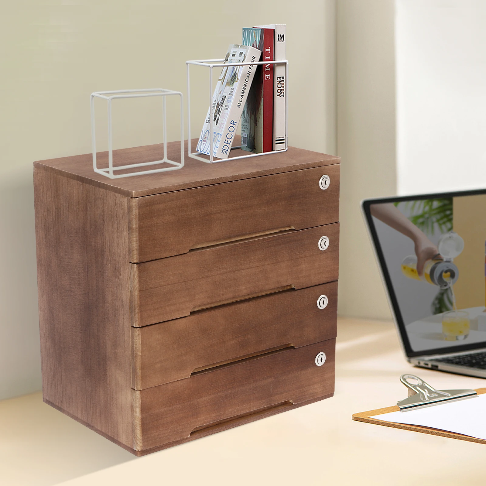 

(Walnut) 4-Tier Desktop Storage Cabinet, Wooden Desktop Storage Box with Lockable Drawers, Flat File Cabinet for Office, Study
