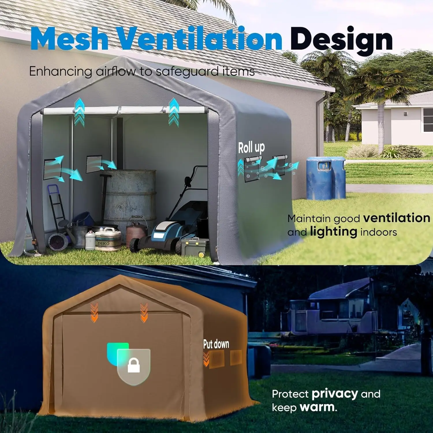 Carport 6'x6' com janelas ventiladas de enrolar, abrigo portátil resistente para garagem, abrigo de armazenamento para motocicleta ao ar livre