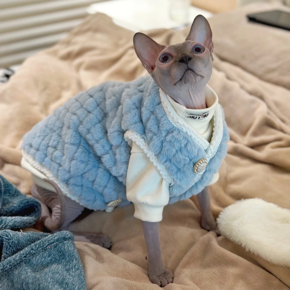 Fleece Cardigan for Sphynx Cat warm Blue Sweater Beige Coat Suit For Male Kittens Soft Undershirt For Devon Rex in Winter Autumn