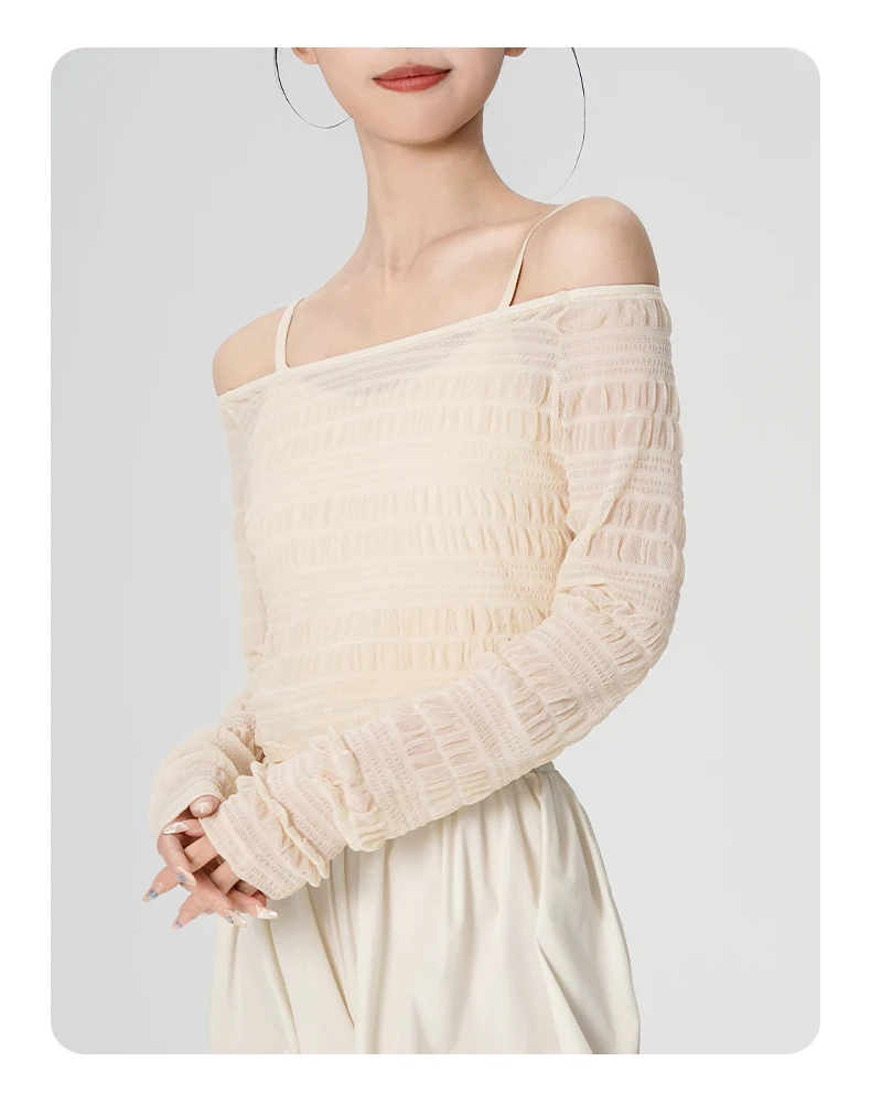 Tops de Danza para Mujer, Top de Malla Fruncido con Hombros Descubiertos y Manga Apilada, Pantalones de Ballet de Pierna