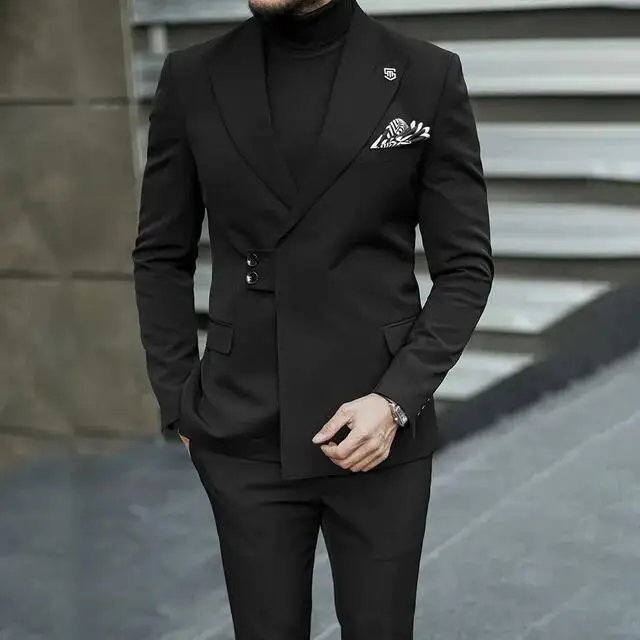 

Высококачественные черные мужские костюмы, комплекты официальных однобортных пиковых лацканов, приталенный комплект из двух предметов, куртка, брюки, модная одежда