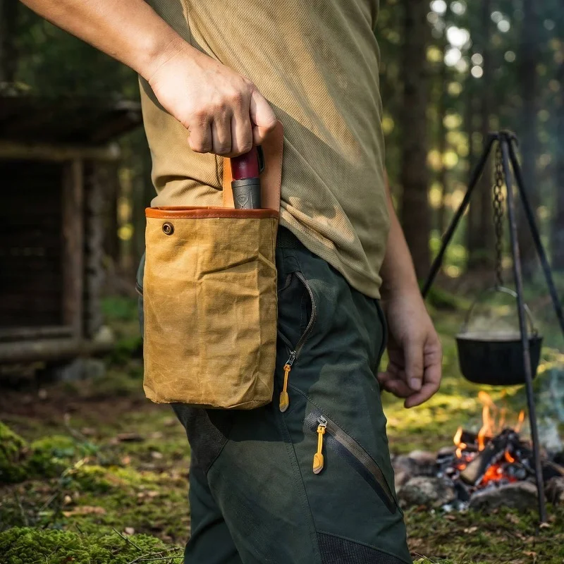 Portable Bushcraft Folding Waist Pouch Waxed Canvas Vegetable‑Tanned Leather Outdoor Hanging Pouch for Camping Hiking