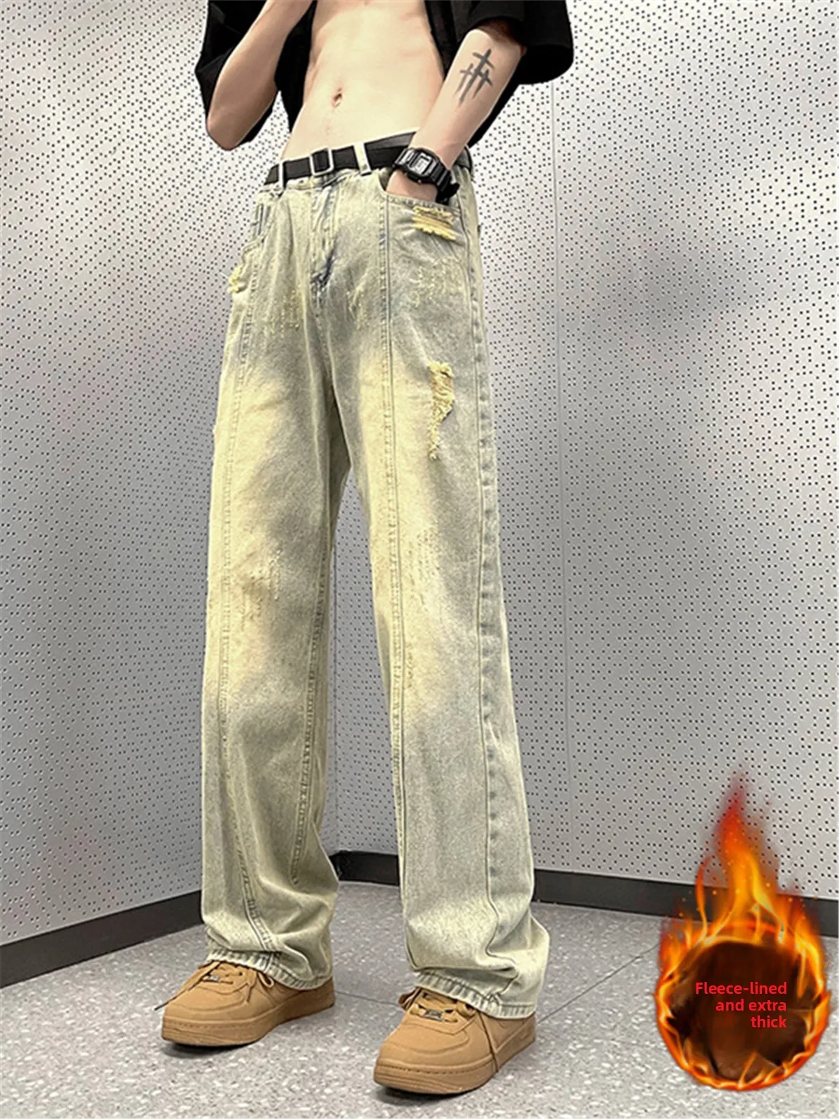 

Retro Straight Leg Men's Jeans High Street Vibe Trendy Brand Ripped Wide Leg Pants Autumn Winter Fce Lined American Sle ...
