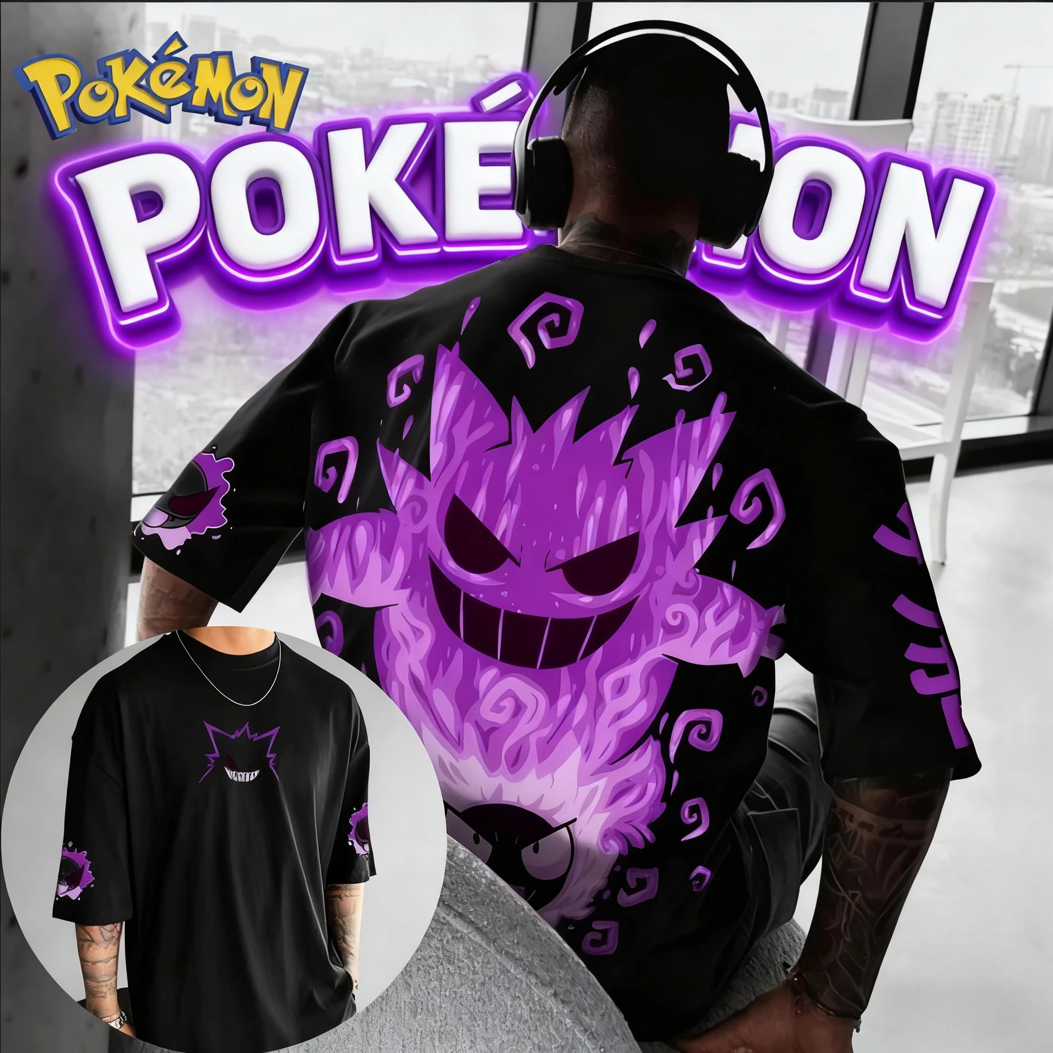 2025 été Poksammon marque d'animation 100% coton Gengar imprimé T-shirt pour hommes et enfants Harajuku décontracté à manches courtes Y2k