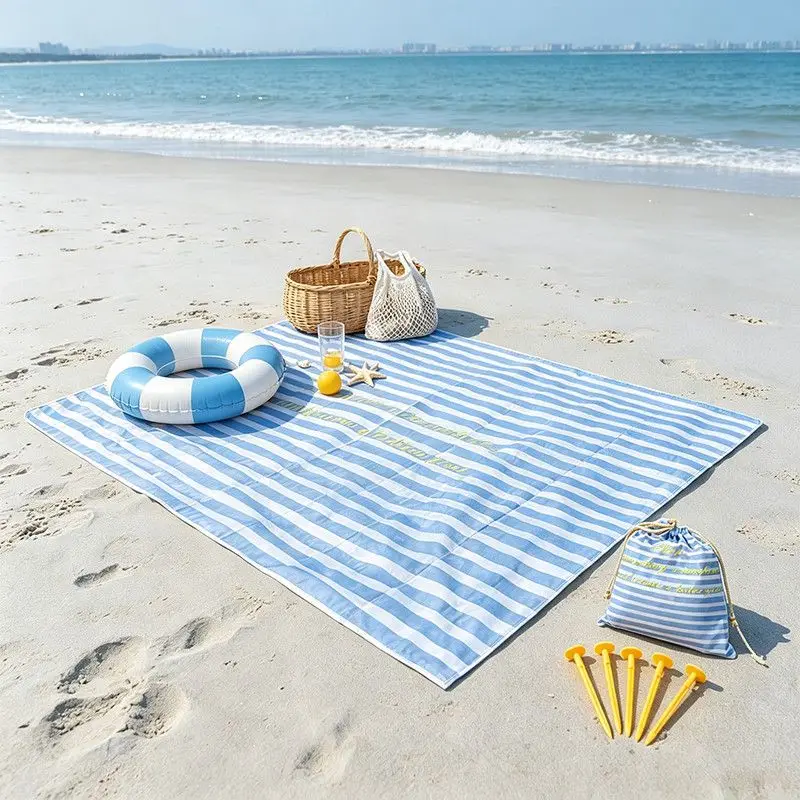 Blue White Stripe Sand Proof Camping Mat Portable Waterproof Beach Picnic Blanket With Storage Bag Ground Nails For Hiking