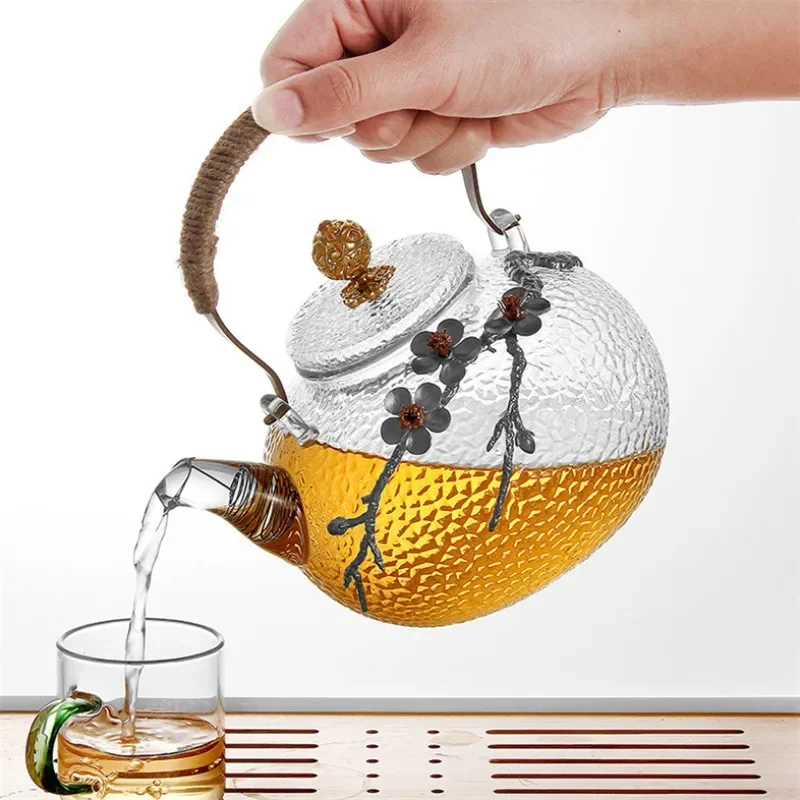 Creative Japanese Style Thicken Heat Resistant Plum Blossom Glass Tea Pot with Handle Household Flower Teapot Office Kettle Gift