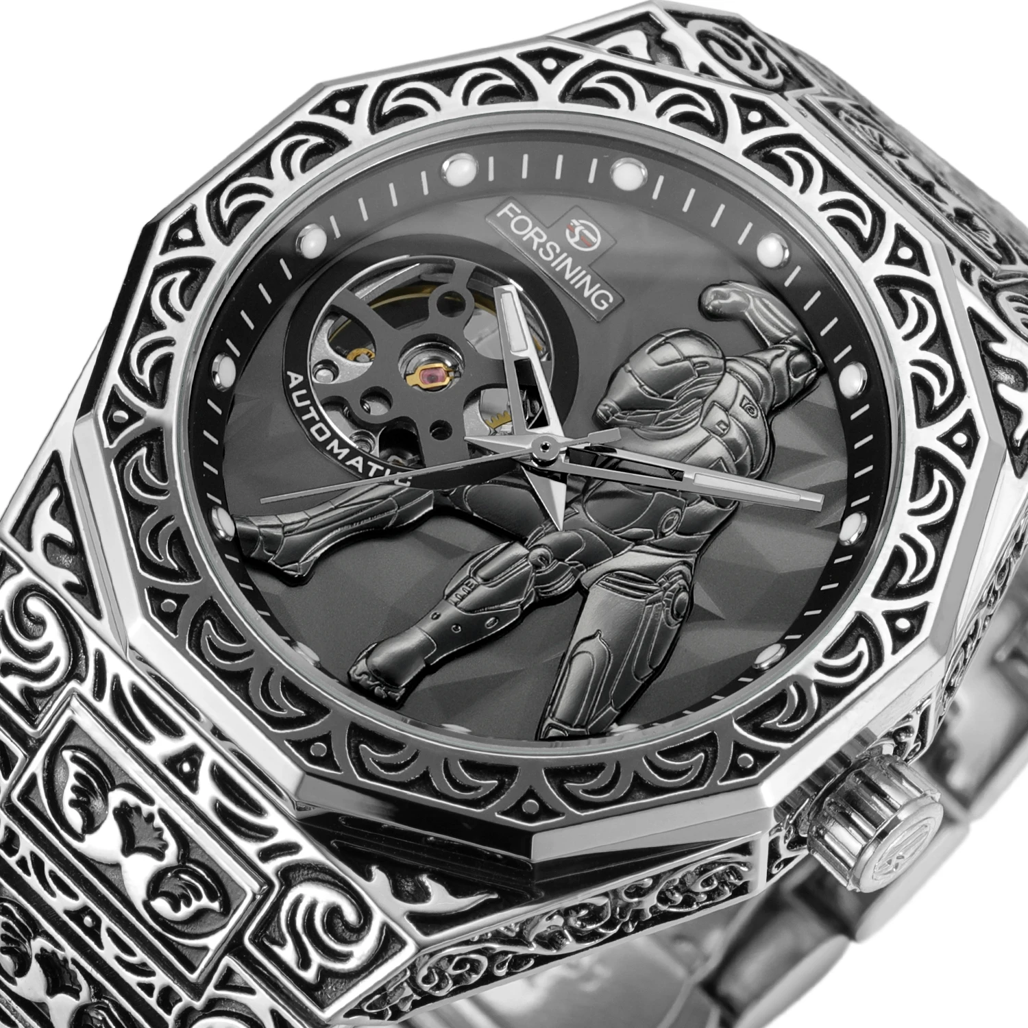 

Forsining Бизнес Механические Часы Скелет для Мужчин Нерегулярный Гравированный Корпус Светящаяся Рука Стальной Ремешок Модные Автоматические Часы