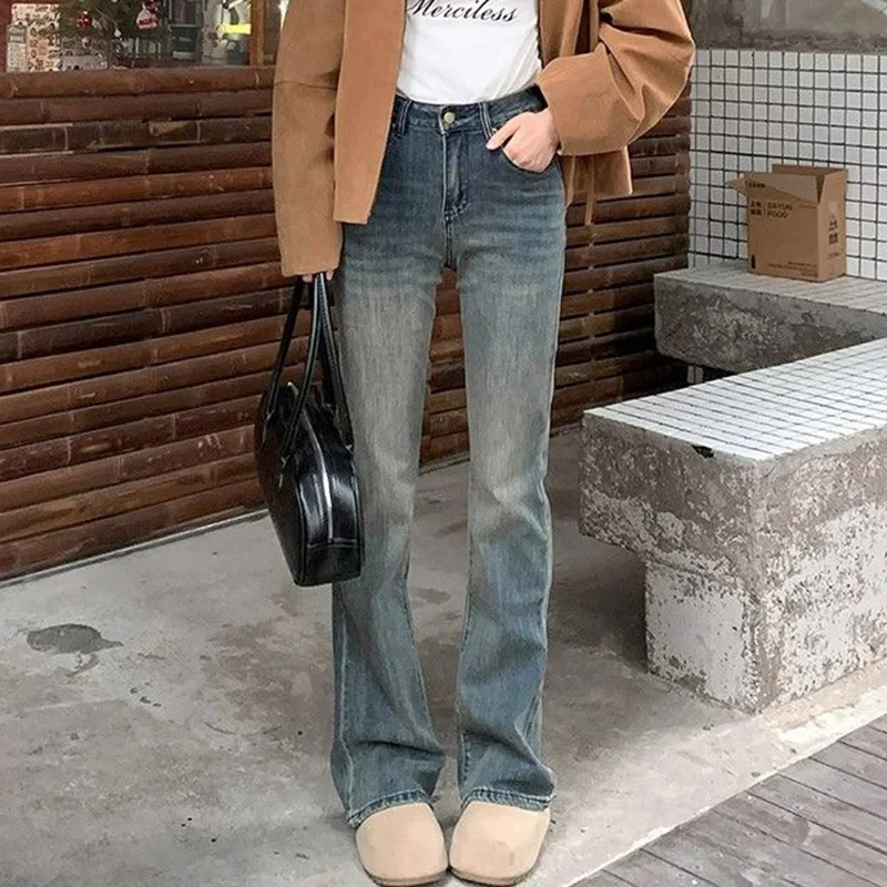 

Women High Waist Vintage Flared Jeans Girls Narrow Straight Leg Denim Trousers Lady Classic Designer Slim Fit Thin Pants