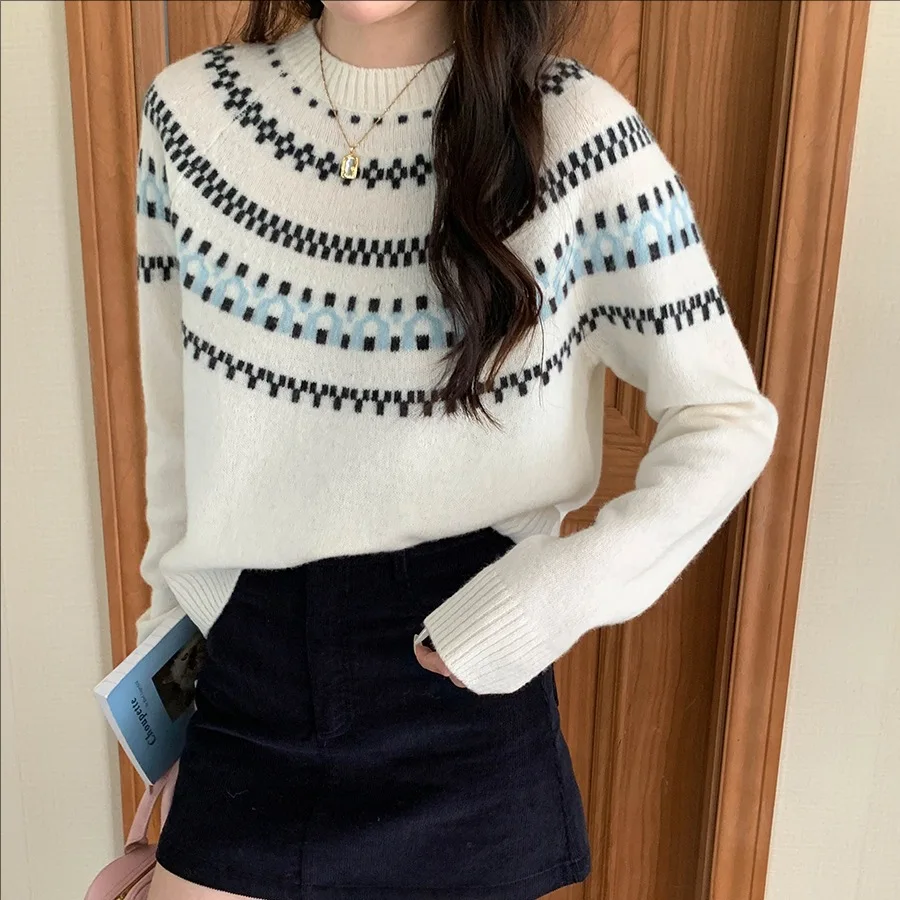 

Женский зимний повседневный шерстяной жаккардовый вязаный свитер с круглым вырезом 2024, пуловер с длинными рукавами, мягкий уютный теплый модный топ