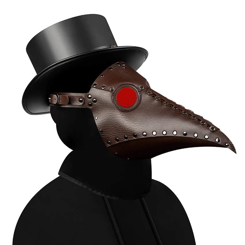 หนัง Plague Doctor Steampunk หน้ากากคอสเพลย์อะนิเมะฮาโลวีนหมวก Masquerade น่ากลัวปลอมตัวหน้ากากใบหน้าสีดําสําหรับชาย Carnival Prop