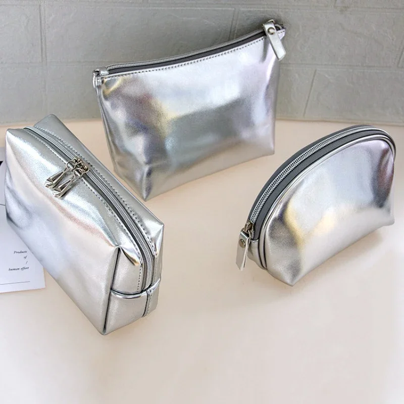 New Fashion Silver Soft Leather Clutch Cosmetic Bag Travel Portable Bathroom Organizer Storage Makeup Bag Toilet Bag Pouch