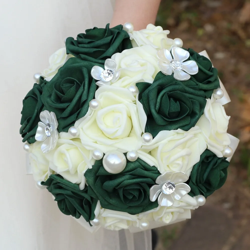 

Smart Dark Green Artificial Flowers Silk Rose Pearl Flower Bouquets Wedding Party Bridal Holdheld