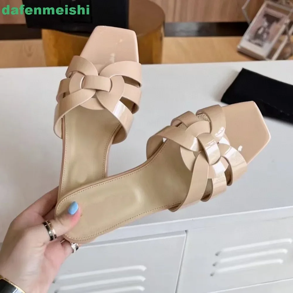 Cross Genuine Leather Women Slippers Square Toe Slip On Open Toe Flat Sandals Patent Leather Fashion 2026 Summer Sandal Slides