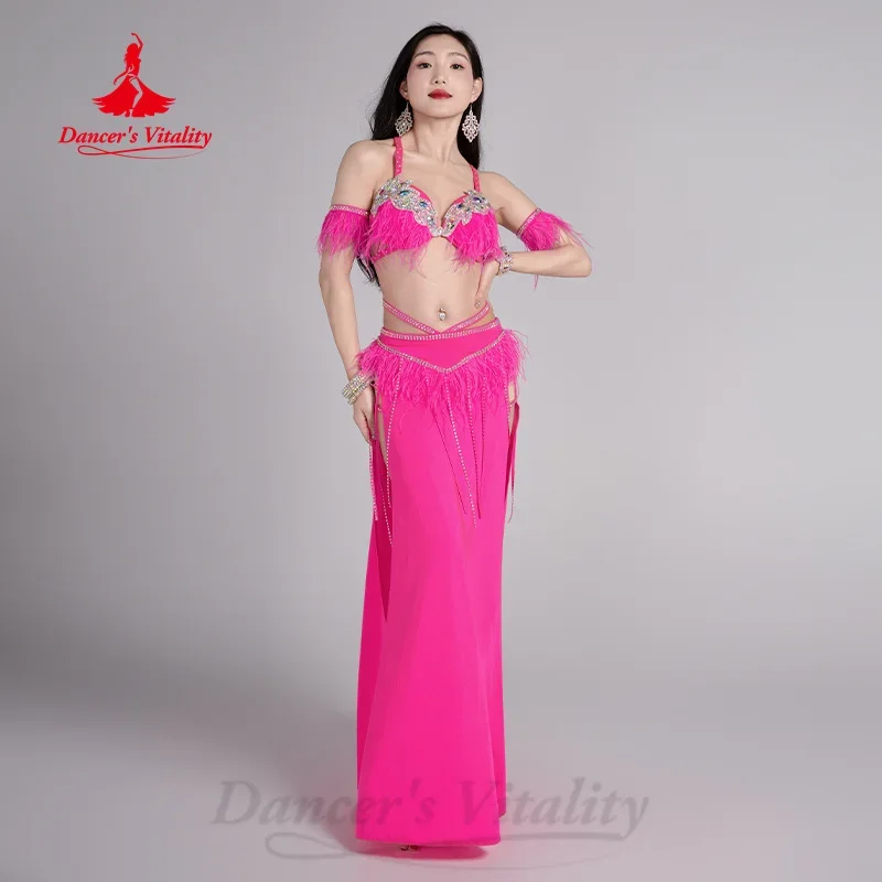 Kostium BellyDance dla kobiet dostosowany luksusowy biustonosz ze strasami + długa spódnica z frędzlami z piór 2 szt. Strój do tańca orientalnego