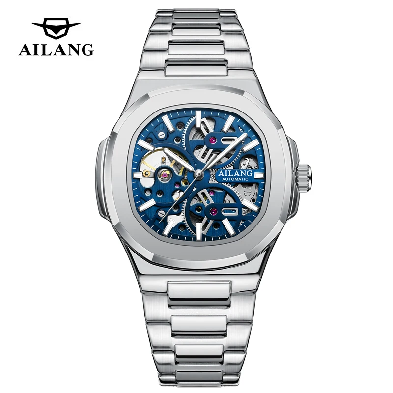 

AILANG модные брендовые квадратные механические часы мужские из нержавеющей стали стимпанк скелетон автоматические часы мужские водонепроницаемые часы