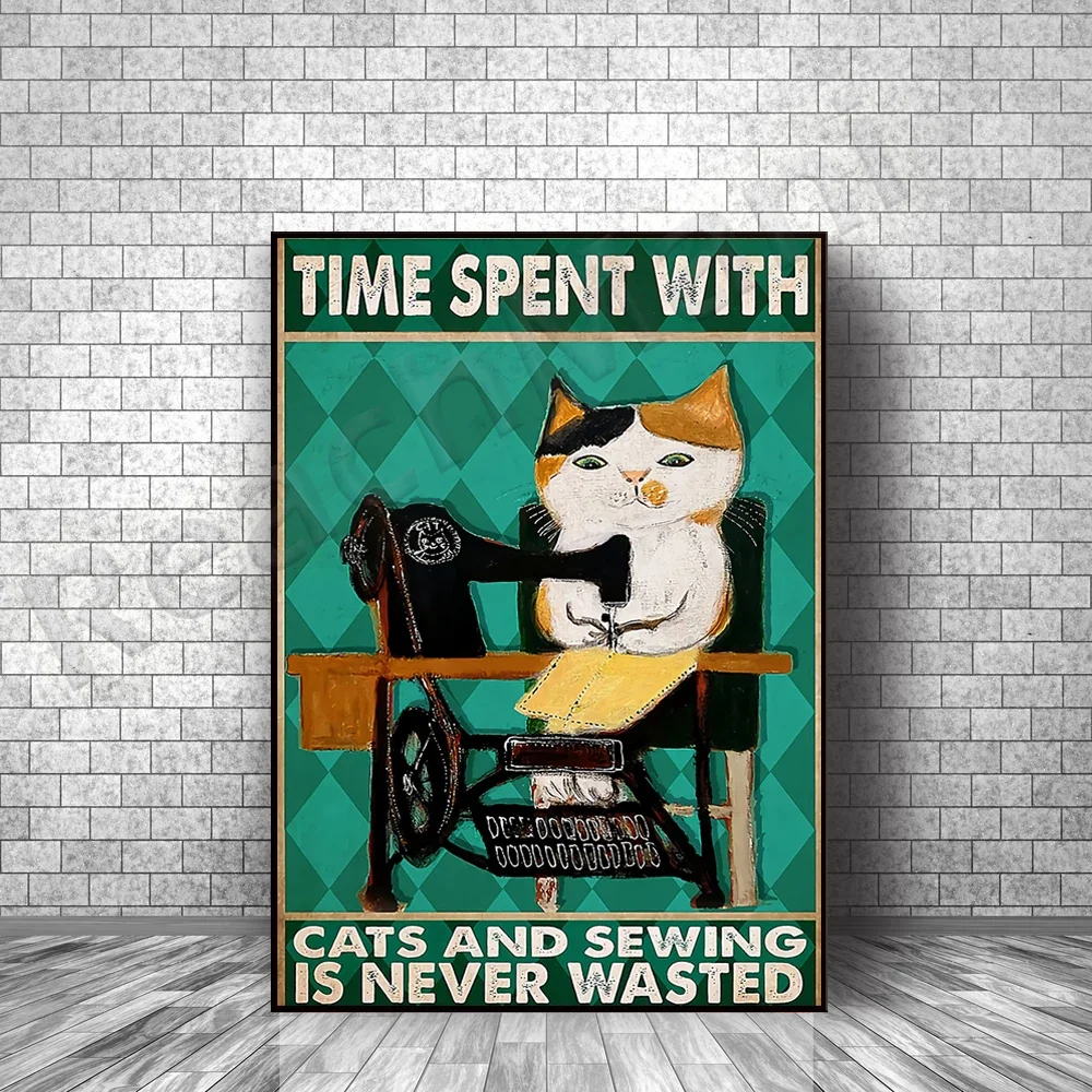

Sewing Time With Cat Vertical Poster, Sewing Lover With Cat Poster, Cat Sewing Room Decor