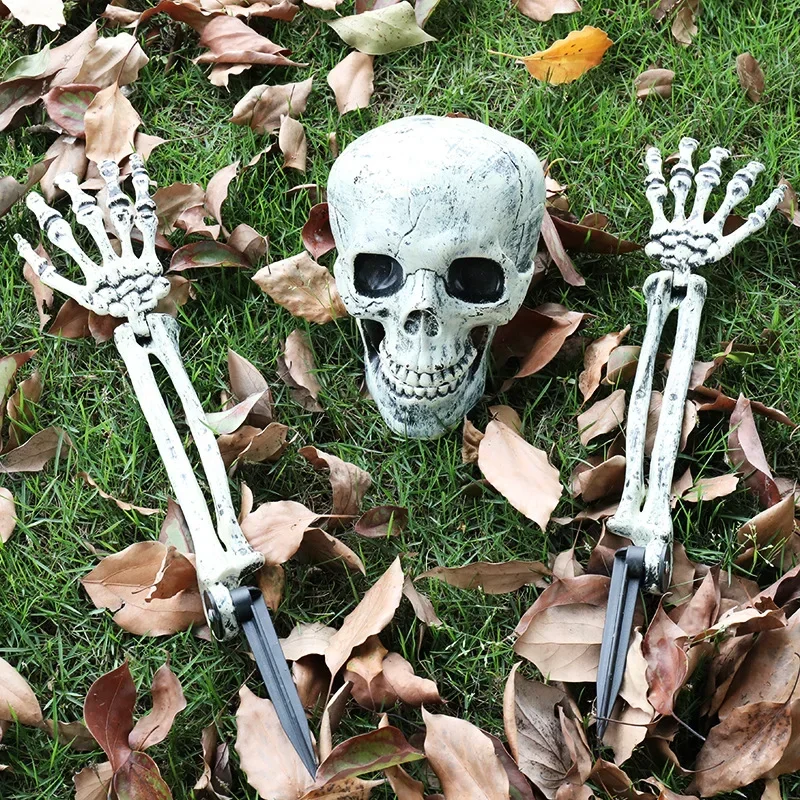 Realistic Skeleton Bones and Cranium(Include Cranium Hands and Arms with Lawn Stakes)Creepy Graveyard Decor Halloween Decoration