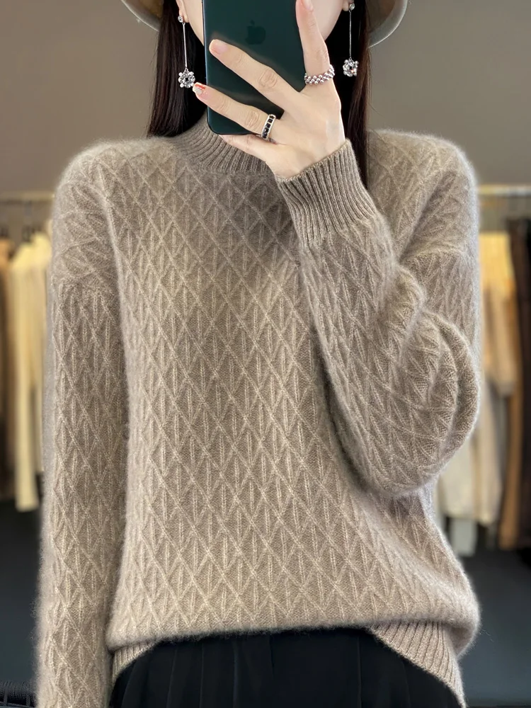 Women 100% Merino Wool Sweater Autumn Winter Mock Neck Diamond Grid Pullover Thickening Clothing Cashmere Knitwear Female Tops