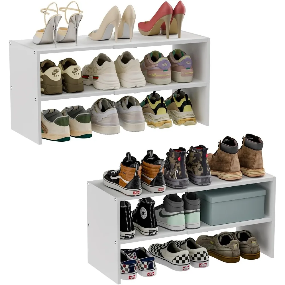 

2 Pack White Shoe Rack, 2-Tier Expandable Shelf, Stackable Iron Wood Organizer for Closet Entryway Holds 12-24 Pairs
