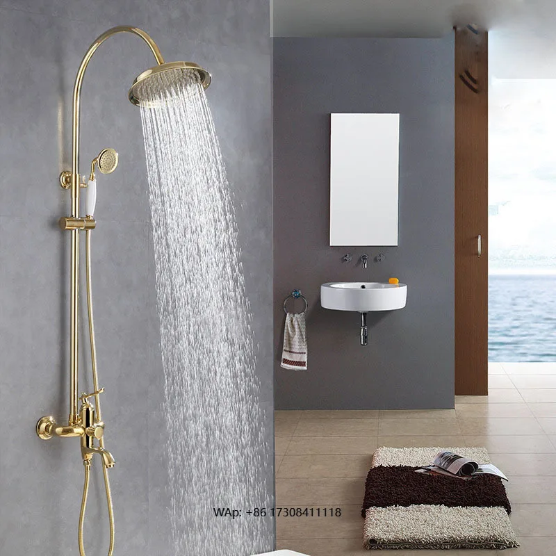 Full Brass Cold and Hot Shower Gold Shower Rain Head Faucet Set Telescopic Shower Tap European Style