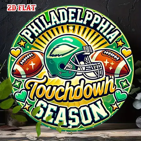 [2D Flat] Philadelphia Football Touchdown Season 7.87x7.87" Round Aluminum Sign - Rustic Metal Wall Art with Helmet & Stars Desi