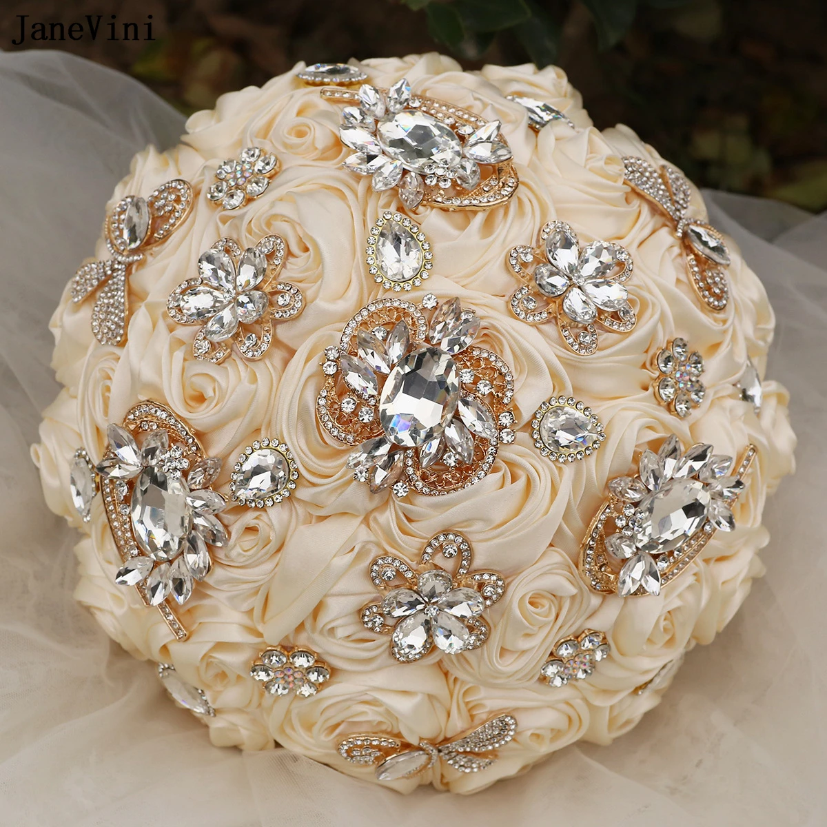 

JaneVini 2025 Apricot Wedding Flowers Luxury Bridal Bouquets with Rhinestone Artificial Satin Roses Jewelry Bride Brooch Bouquet