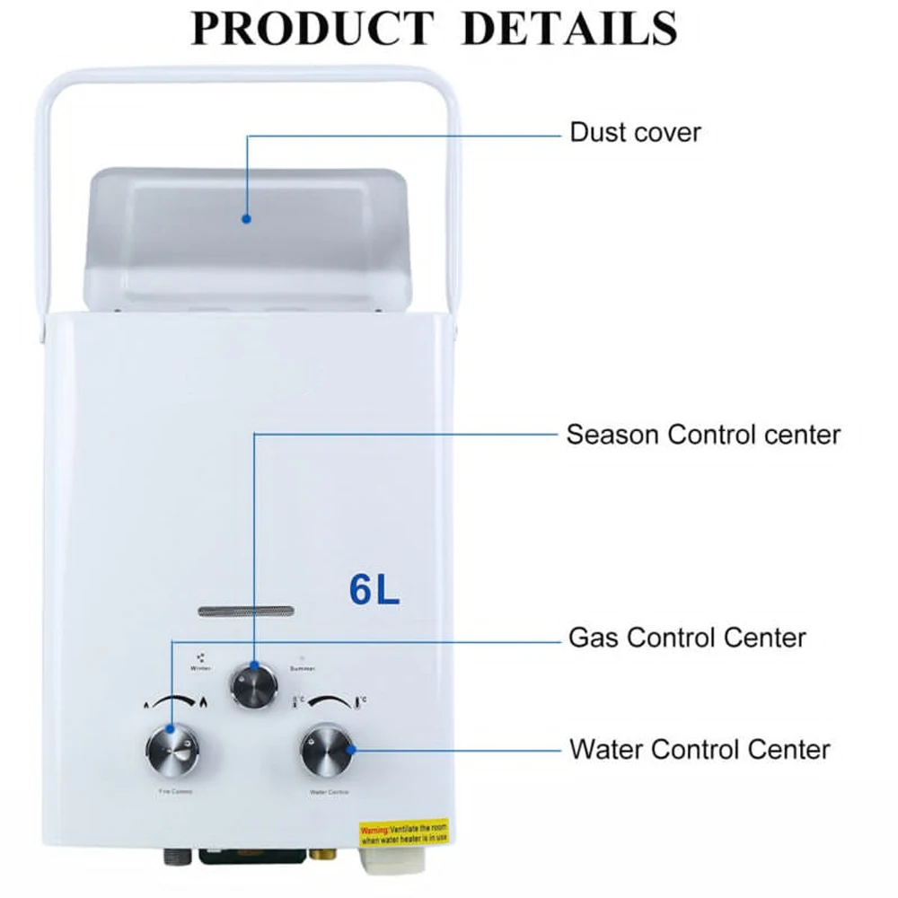 Calentador de agua caliente portátil sin tanque, caldera de Gas propano LPG para exteriores, 6L