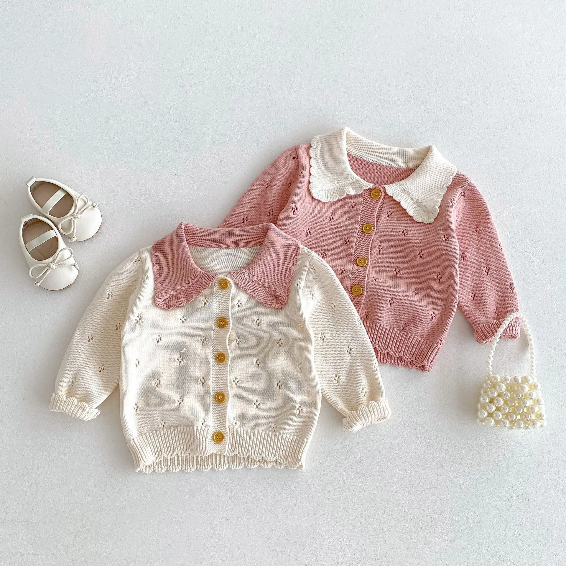 

Autumn New Baby Girls Hollow Out Lapel Knitted Sweater Jacket Kids Patchwork Casual Knitwear Children Long Sleeve Cardigan Coat