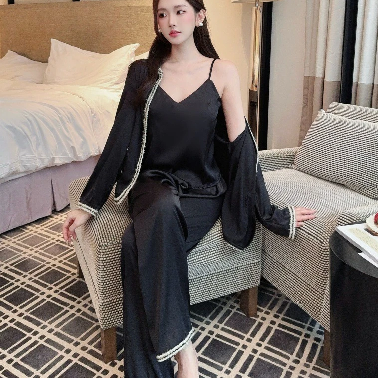 Women 3PCS Pajamas Suit Nightwear Spring Autumn Homewear O-Neck Long Sleeve Top Strap Trousers Pyjamas Set Intimate Sleepwear