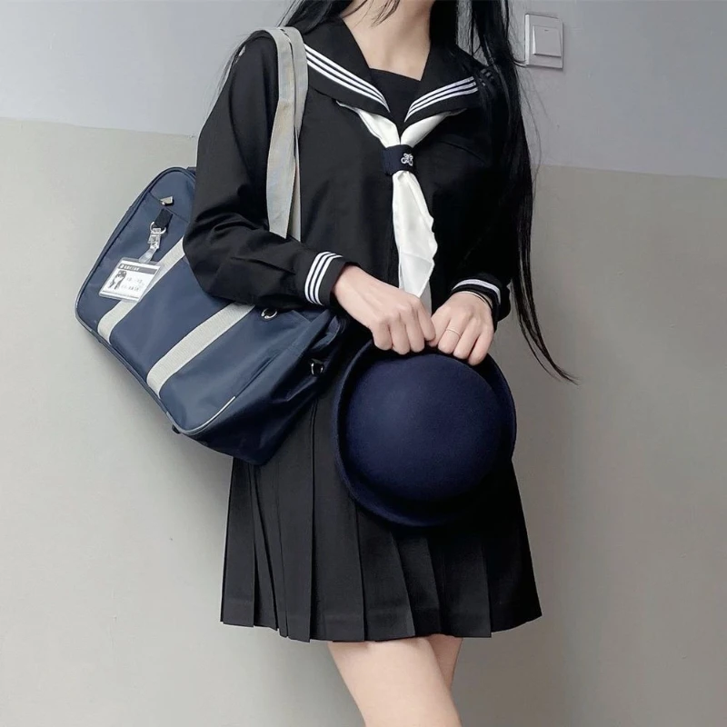 Plus Size Japanese JK Uniform in Stock Basic Black Three-Striped Sailor Suit Long & Short Sleeve Authentic Preppy Campus Style