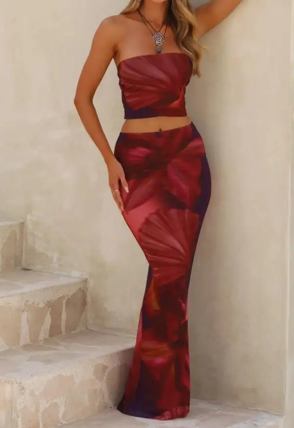 

Women's Long Skirt Set Summer New Fashionable Sexy Vacation Style Flower Print Strapless Vest Low Waist Hip Hugging Skirt Set