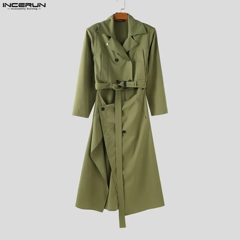 

INCERUN Men Long Style Trench Solid Lapel Long Sleeve Double Breasted Male Coats Streetwear Loose Hollow Out Fashion Windbreaker