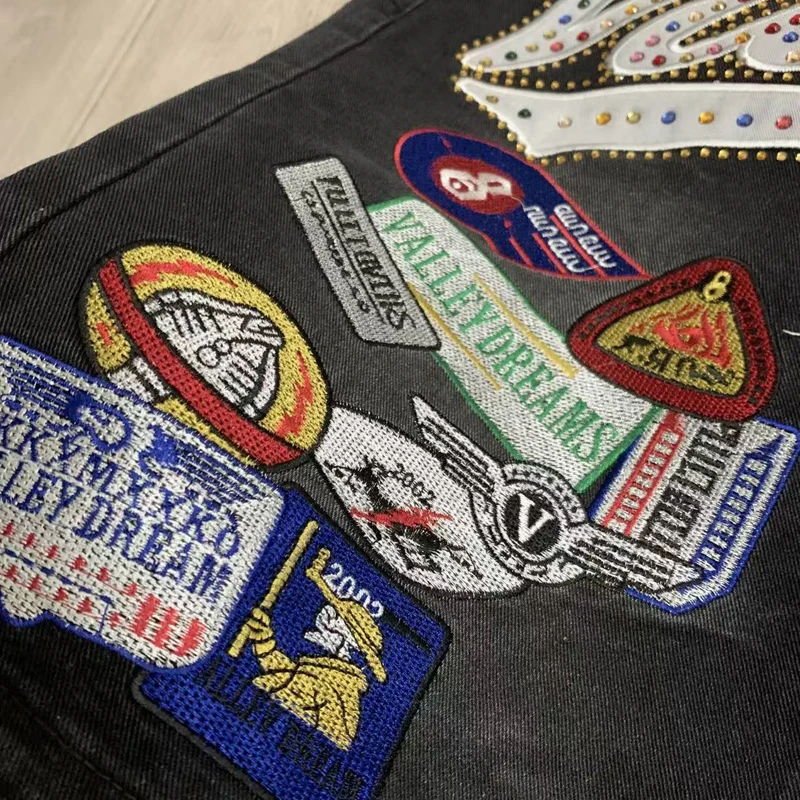 New Y2K Colorful Rhinestone VALLEY Embroidery Patch Label Denim Shorts Jorts Men Women High Quality Loose Straight Short Jeans view 4