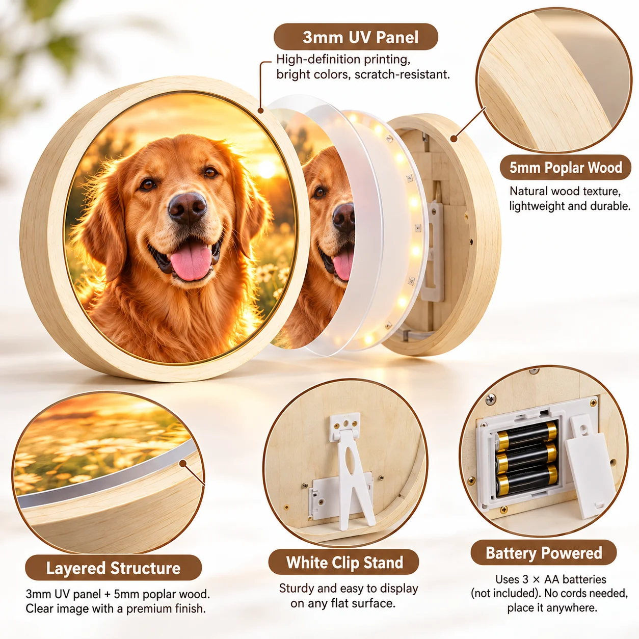 Custom Lighted Photo Frame Personalized LED Shadow Box Round Table Lamp 20cm Wooden Night Light Decor for Bedroom Home New Gift view 6