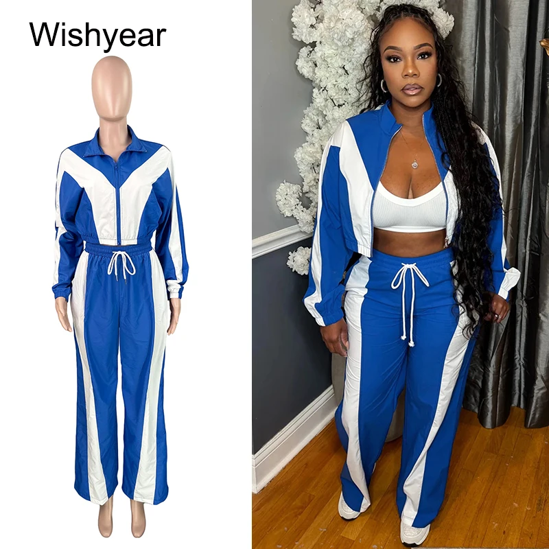 

Autumn Sportwear Splicing Two Piece Sets Women Zipper Long Sleeve Slim Crop Top And Drawstring Wide leg pants Outfits Streetwear