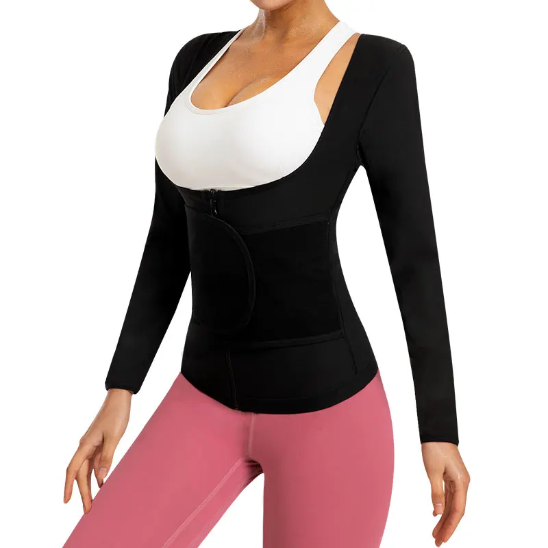 女性用サウナシャツ長袖トップサウナウエストトレーナー女性用減量サウナスーツワークアウトサウナベストジッパーボディシェイパー