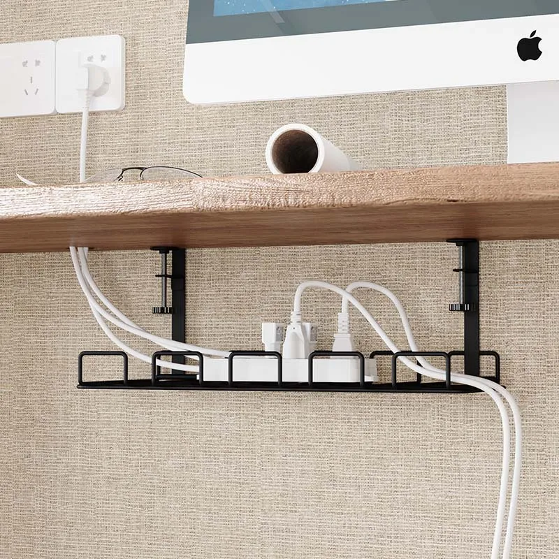 Under Desk Cable Tray – No Drill Clamp-on Metal Wire Organizer, Retractable Power Strip Holder for Computer Desk & Home Office
