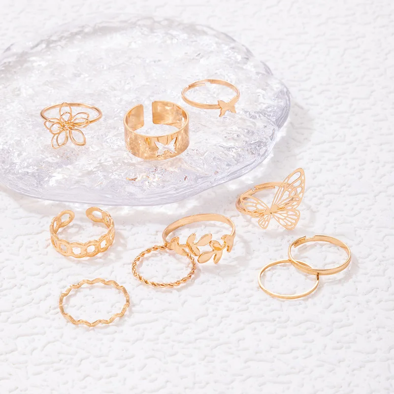 Conjunto de anillos huecos trenzados geométricos para mujer, Set de 10 piezas de flores, hojas de mariposa, abalorio para mujer, regalo de joyería