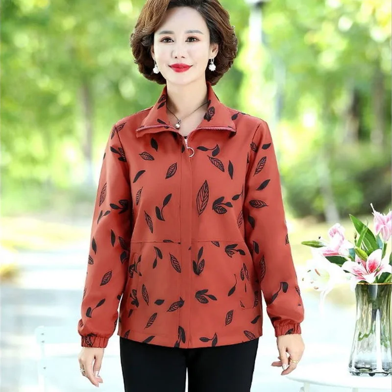 2024 New Spring Autumn Jacket Middle-Aged Elderly Women's Coat Tops Loose Leisure Printing Outerwear Work Clothes Female 5XL